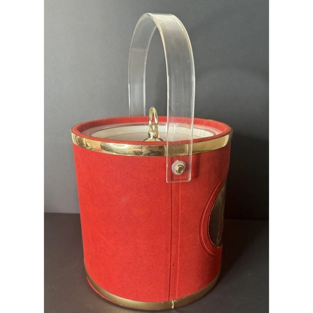 Vintage Coca-Cola Ice Bucket Red & Gold Clear Acrylic Handle Made in USA EUC